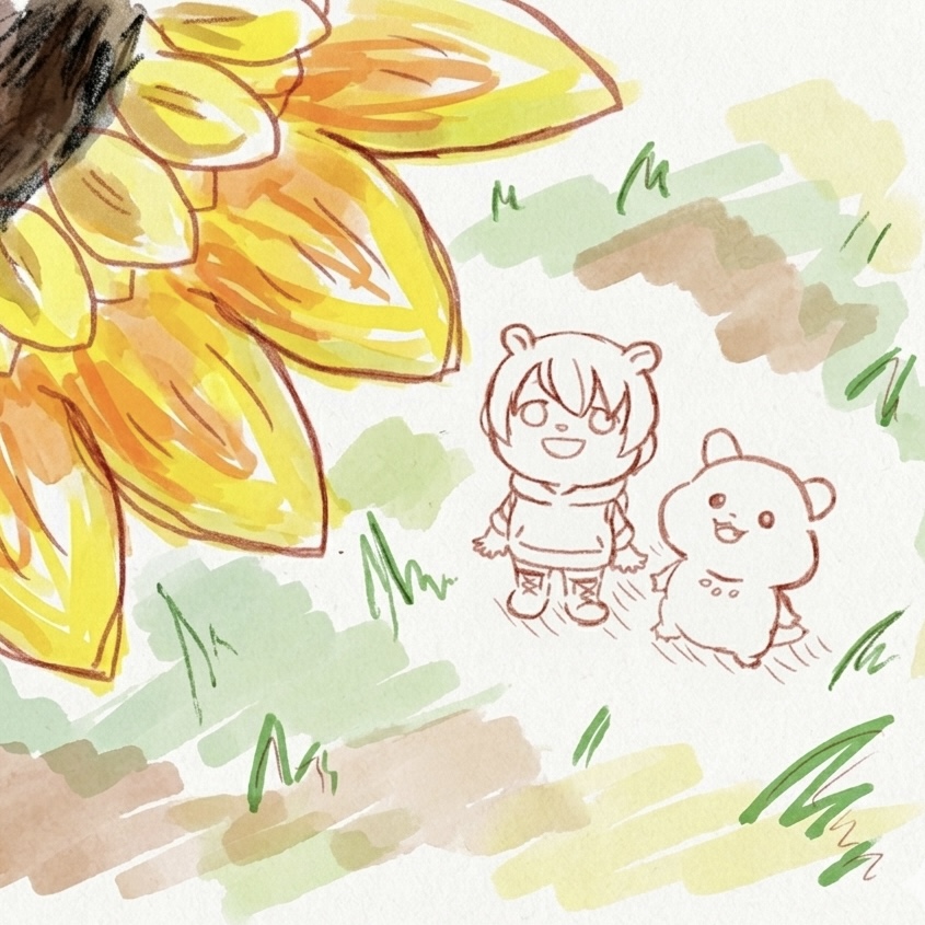 ひまわりを見上げるハムラとハムオ